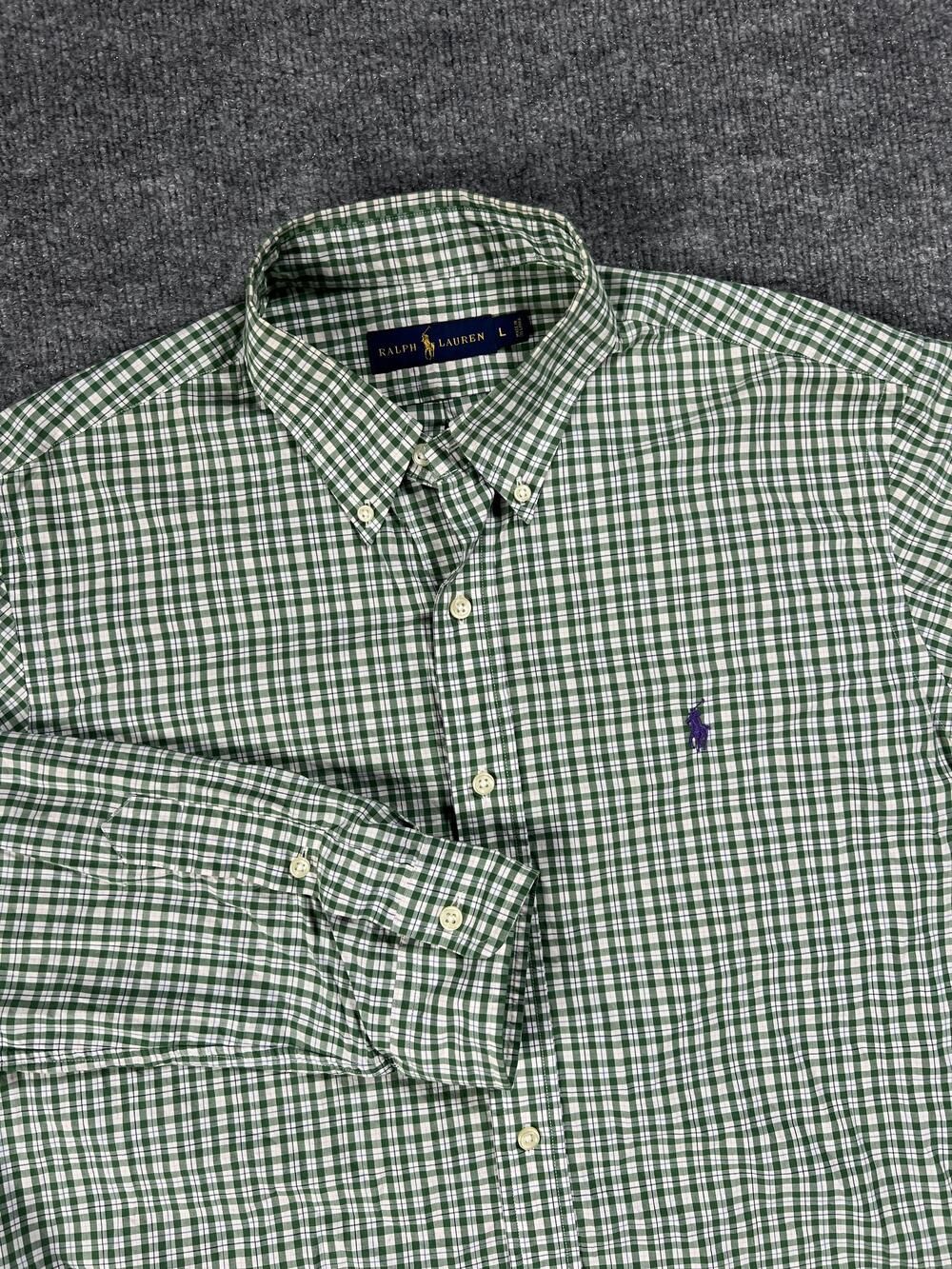 Ralph Lauren Shirt Green Check Button Up Long Sleeve Cotton Mens Large